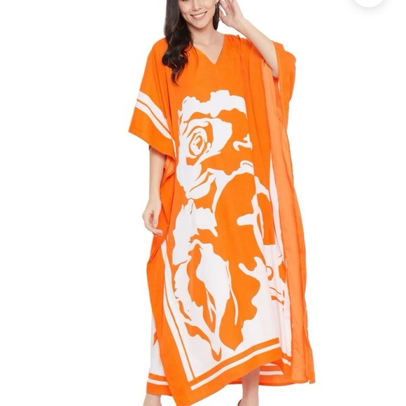 Gypsie Blu swim kaftan, orange and white print, one size fits most. - Picture 2 of 4